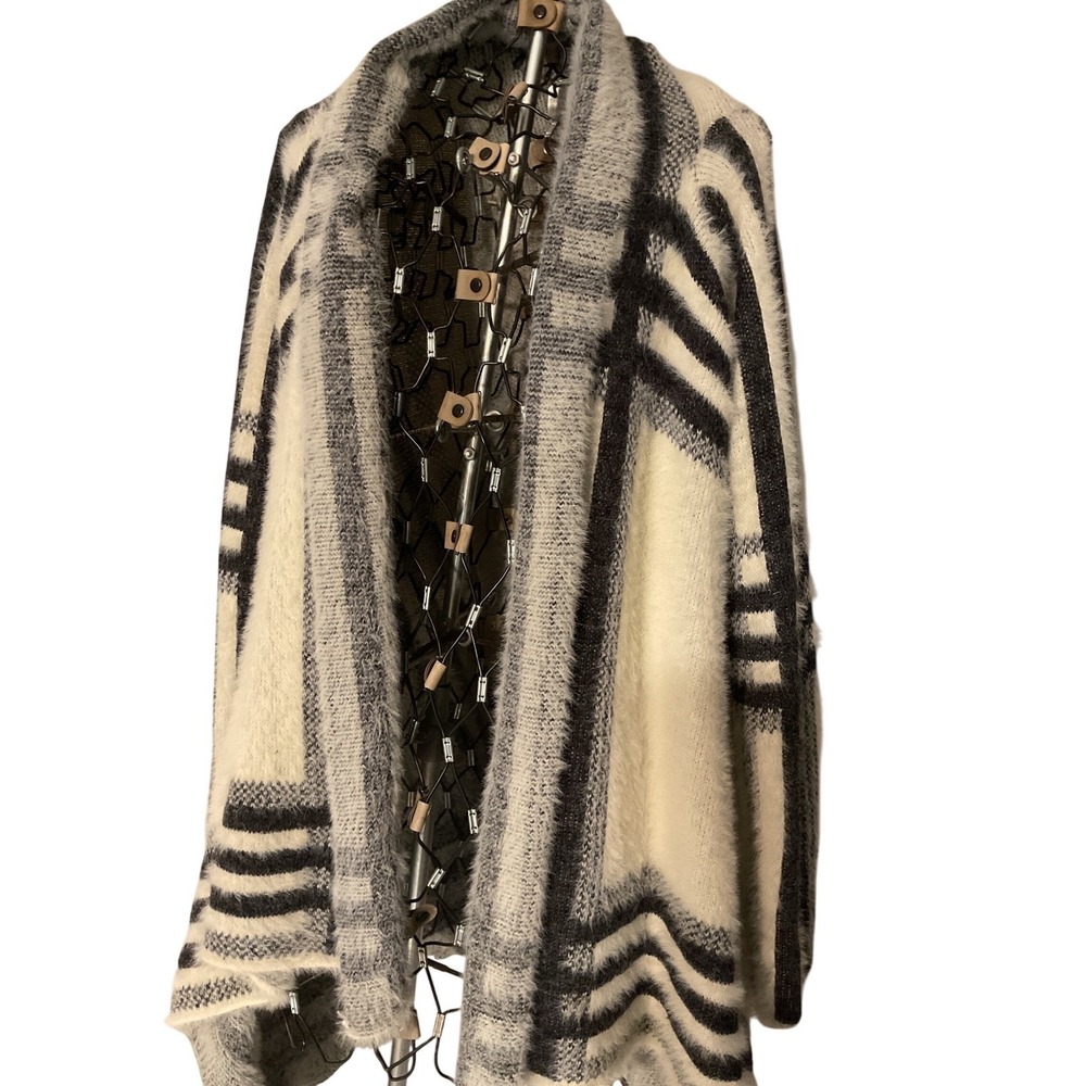 Emory Park Fuzzy Stripe Cardigan Sweater Cream Black Gray Size S